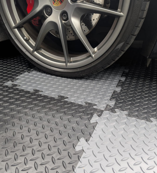 Heavy-Duty Grey PVC Checker Pattern Interlocking Garage & Workshop Floor Tiles Oil & Chemical Resistant (495x495x14mm)