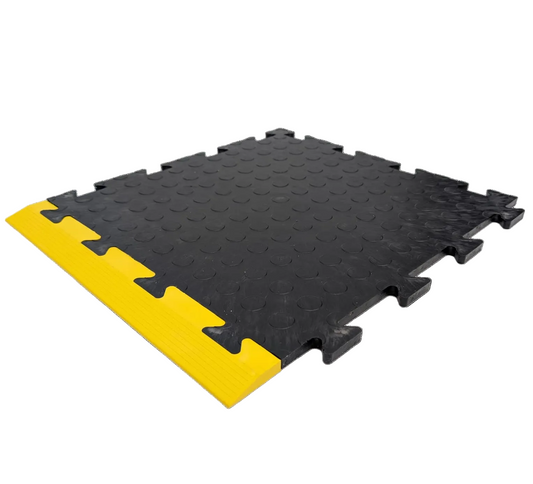 Yellow Female Ramped Edge For Heavy-Duty PVC Penny & Checker Pattern Interlocking Garage & Workshop Floor Tiles 495x60x12mm