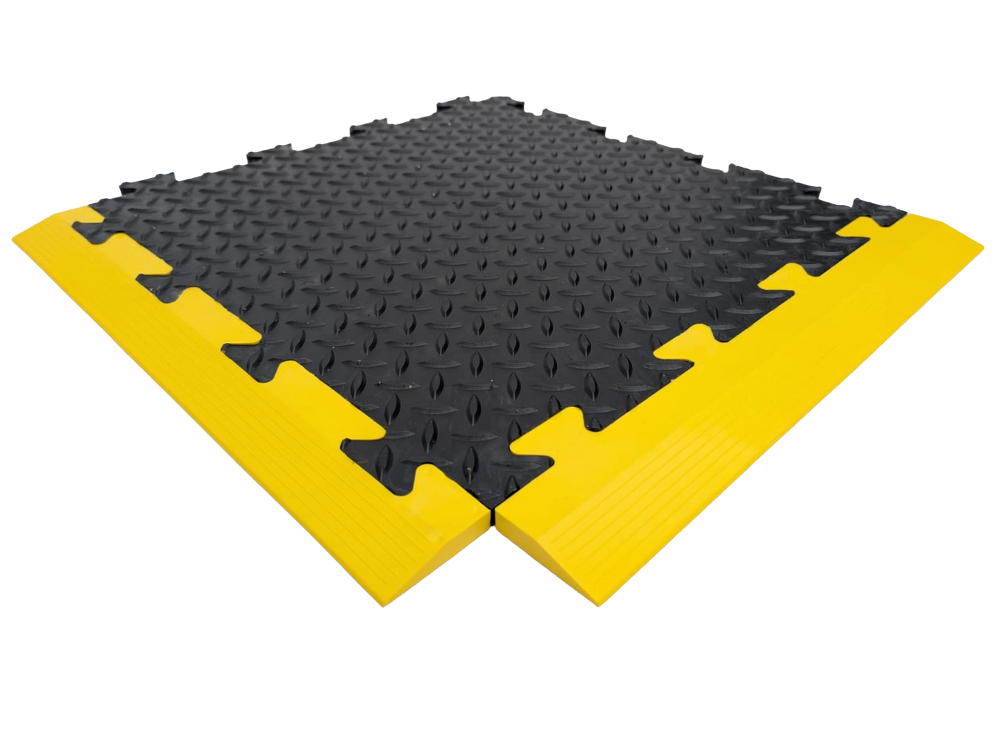 Yellow Male Ramped Edge For Heavy-Duty PVC Penny & Checker Pattern Interlocking Garage & Workshop Floor Tiles 495x85x12mm