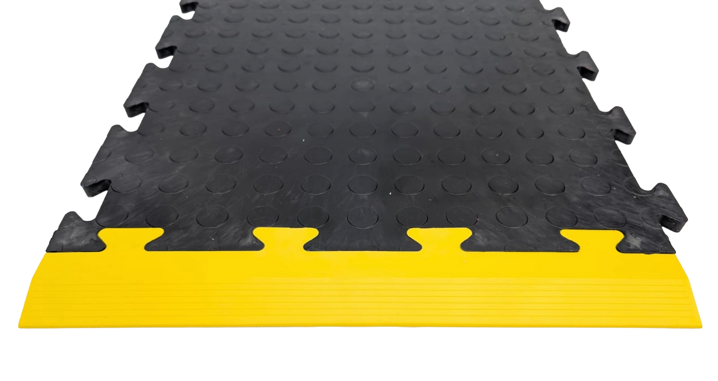 Yellow Male Ramped Edge For Heavy-Duty PVC Penny & Checker Pattern Interlocking Garage & Workshop Floor Tiles 495x85x12mm