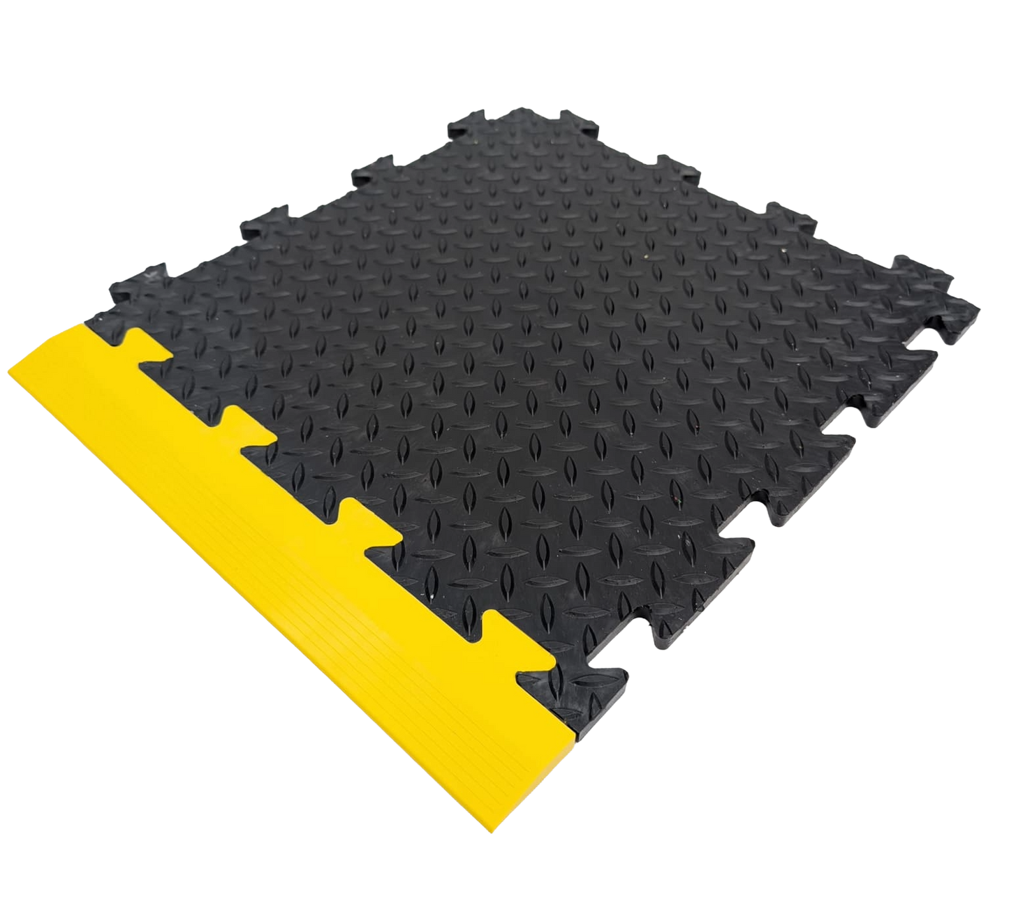 Yellow Male Ramped Edge For Heavy-Duty PVC Penny & Checker Pattern Interlocking Garage & Workshop Floor Tiles 495x85x12mm
